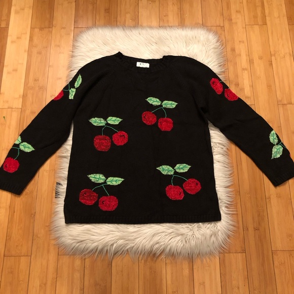 Vintage Quacker Factory Cherry Novelty Embroidered Black Knit Ugly Sweater L - Picture 1 of 9